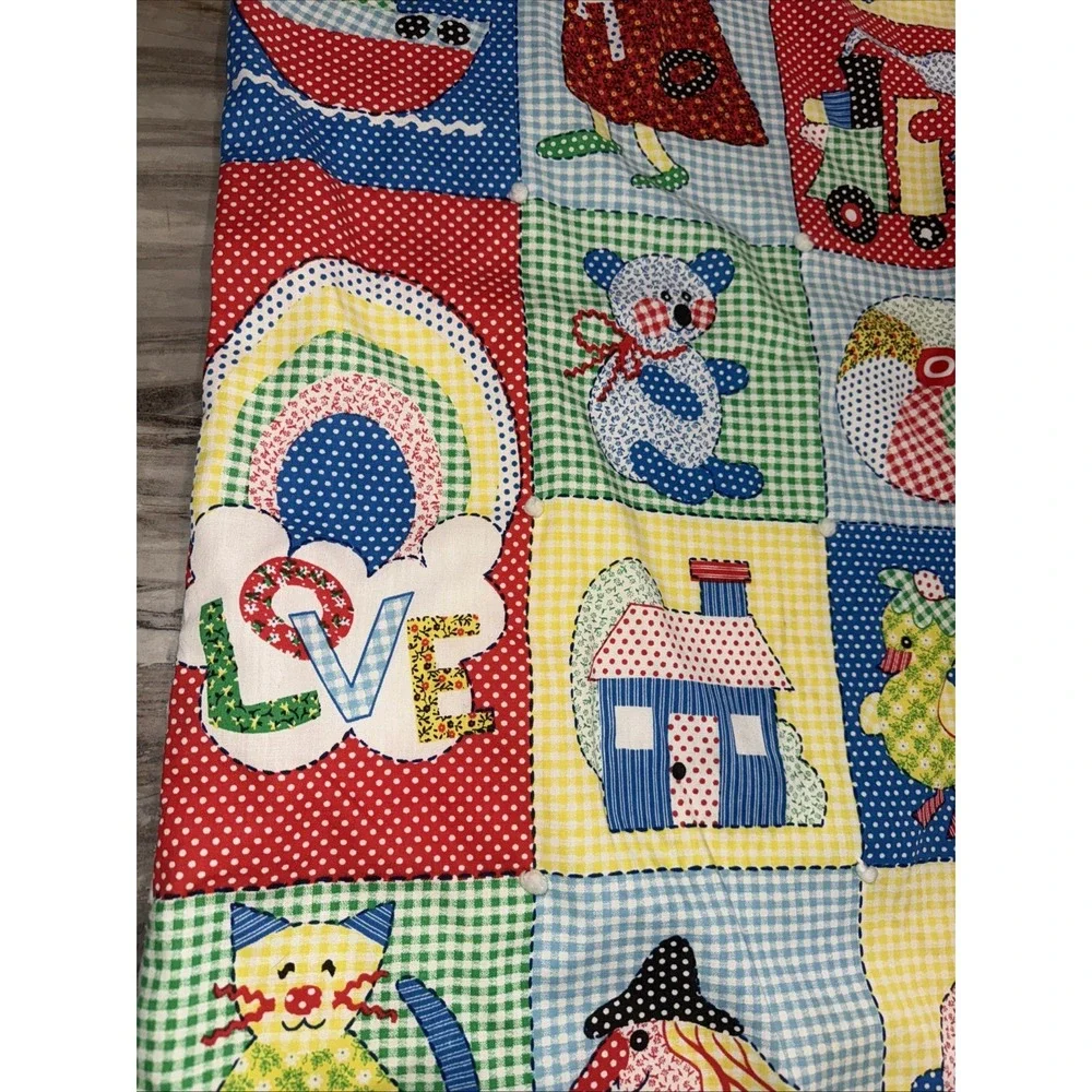 Vintage 70's Baby Child Quilt Blanket Primary Colors Train Kitten Ducks Turtle